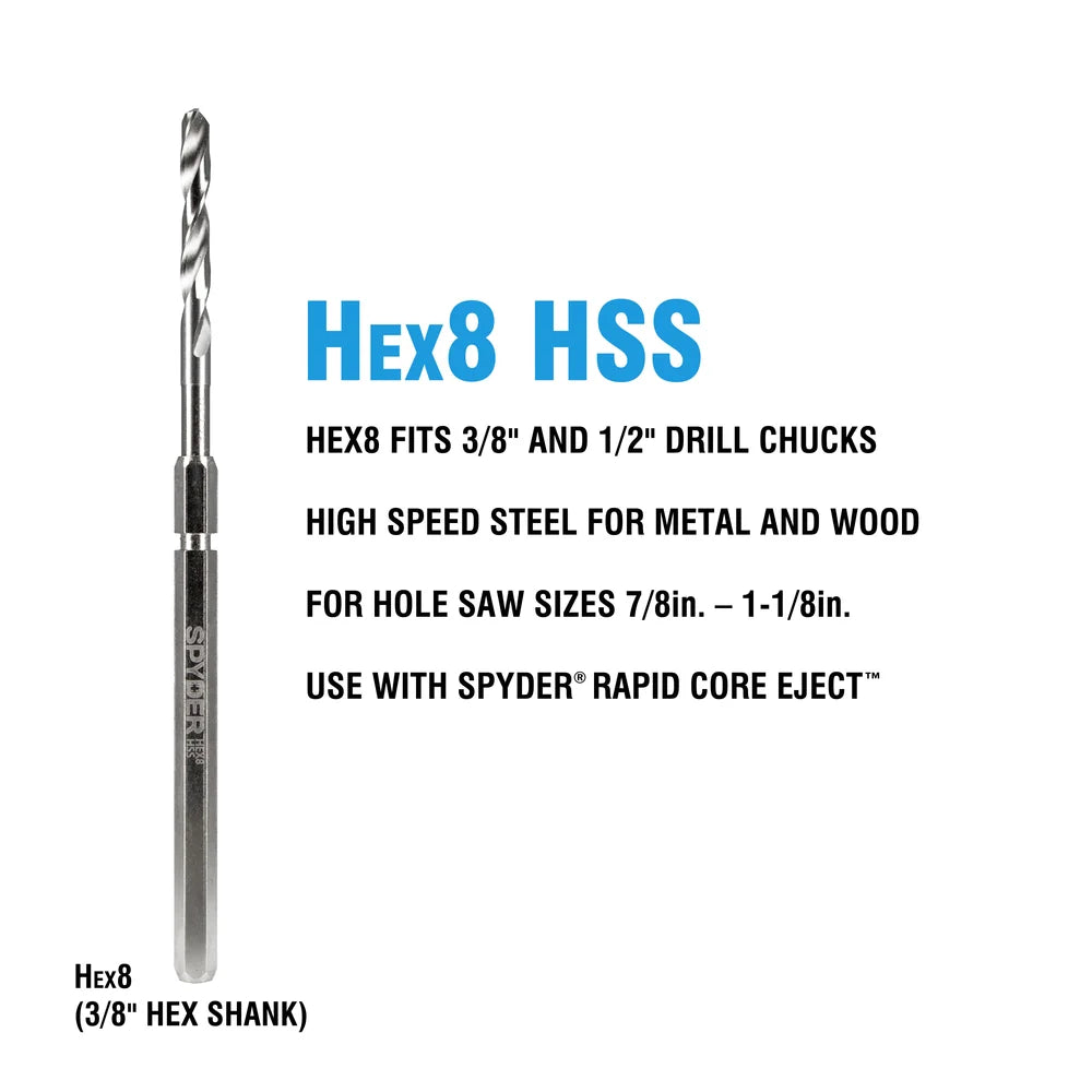 SPYDER 600637P Hex8 3/8" HSS Quick Change Hole Saw Arbor Assembly Rapid Core Eject® - Edmondson Supply