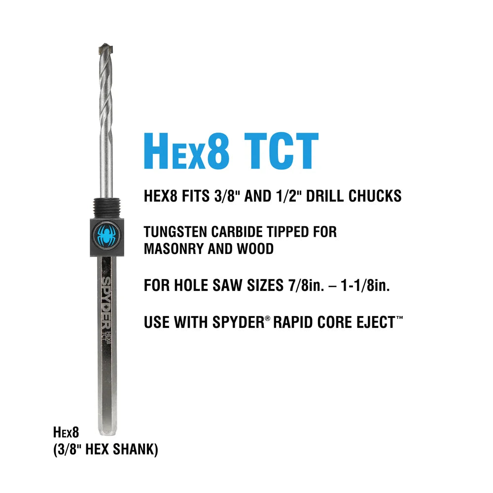 SPYDER 600649 Hex8 3/8" TCT Quick Change Hole Saw Arbor Pilot Bit Rapid Core Eject® - Edmondson Supply