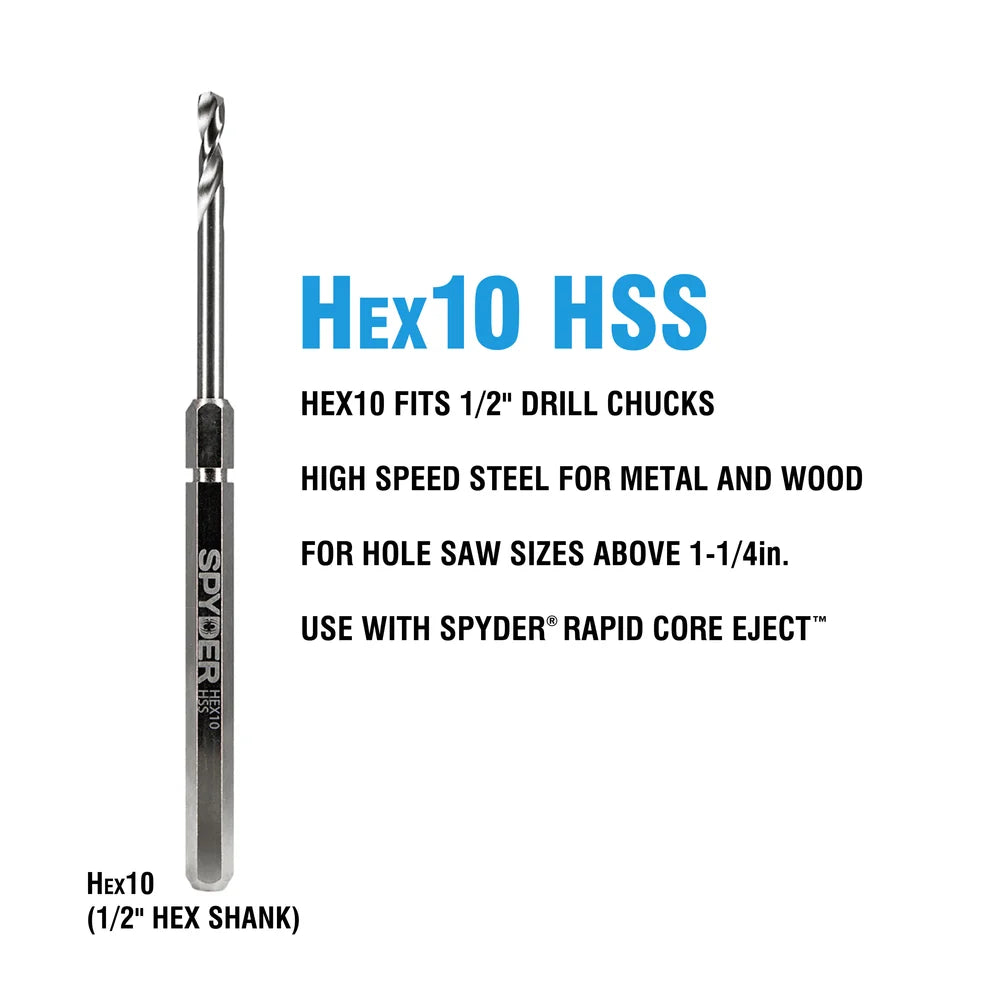 SPYDER 600645P Hex10 1/2" HSS Quick Change Hole Saw Arbor Pilot Bit Rapid Core Eject® - Edmondson Supply