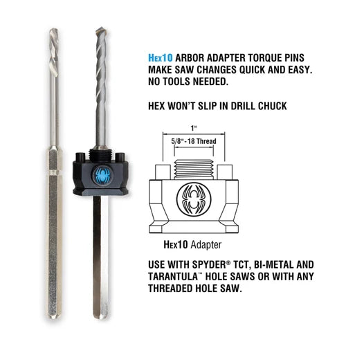 SPYDER 600635P Hex10 1/2" TCT Quick Change Hole Saw Arbor Assembly Rapid Core Eject® - Edmondson Supply