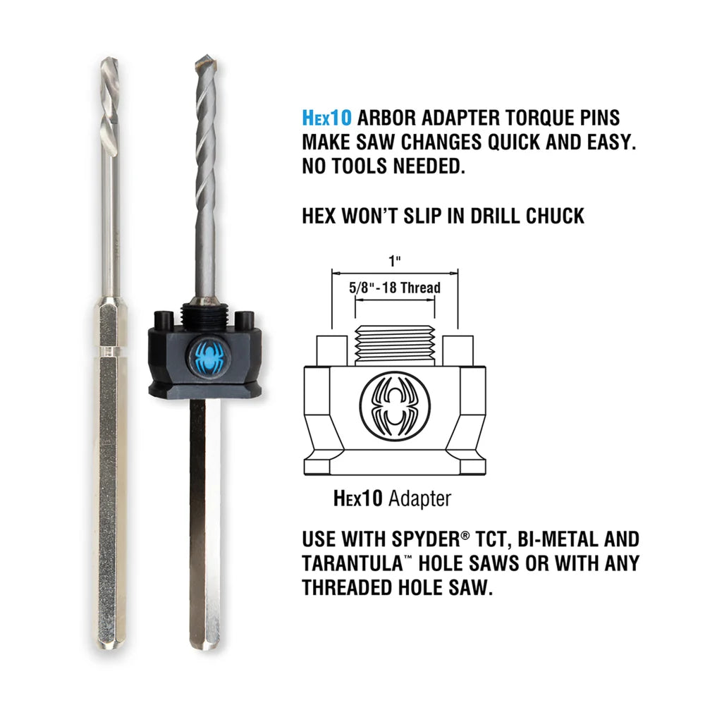 SPYDER 600646P Hex10 1/2" TCT Quick Change Hole Saw Arbor Pilot Bit Rapid Core Eject® - Edmondson Supply