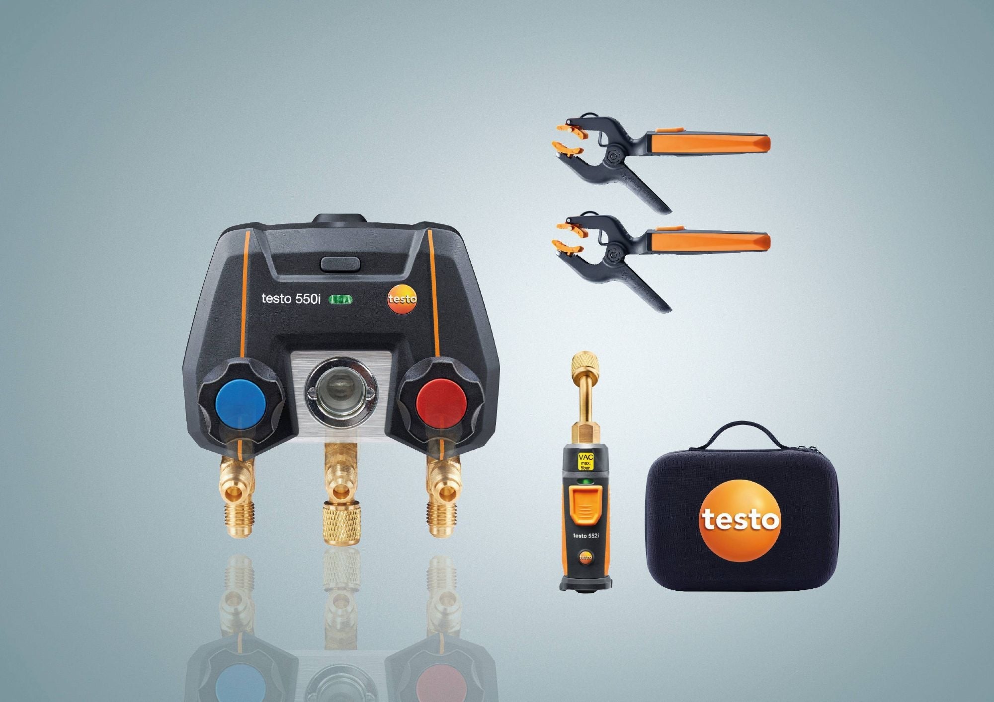 Testo 0564 4550 01 - 550i Smart Kit App-Controlled Digital Manifold w/ Wireless Vacuum & Clamp Temperature Probes - Edmondson Supply