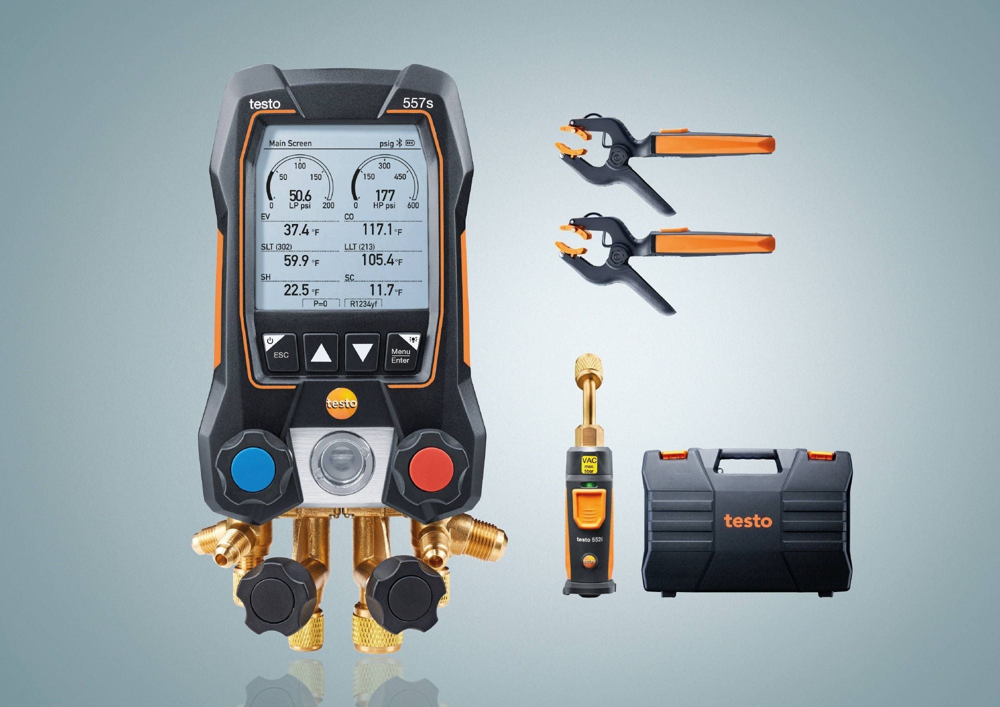 Testo 0564 5571 01 - 557s Smart Digital Manifold w/ Wireless Clamp Temperature & Vacuum Probes - Edmondson Supply