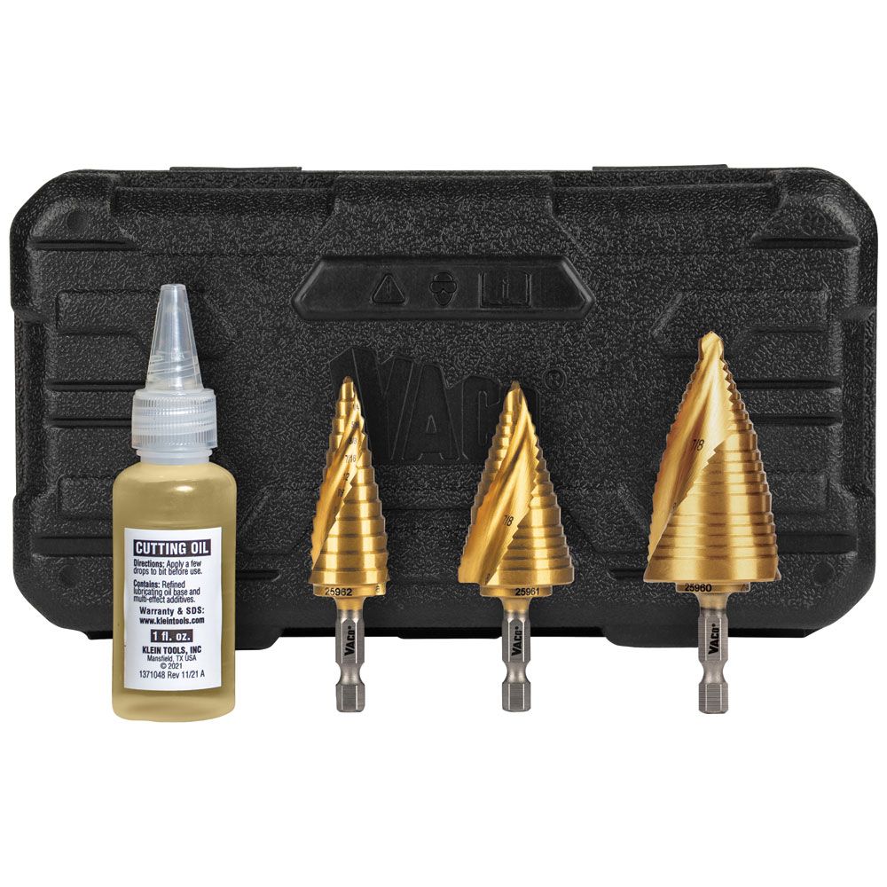 Klein Tools 25951 Step Bit Kit, Spiral Double-Fluted, VACO, 3-Piece - Edmondson Supply