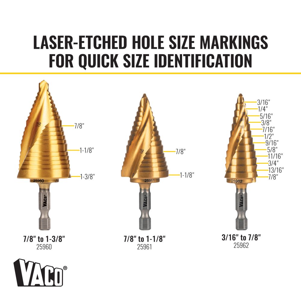 Klein Tools 25951 Step Bit Kit, Spiral Double-Fluted, VACO, 3-Piece - Edmondson Supply