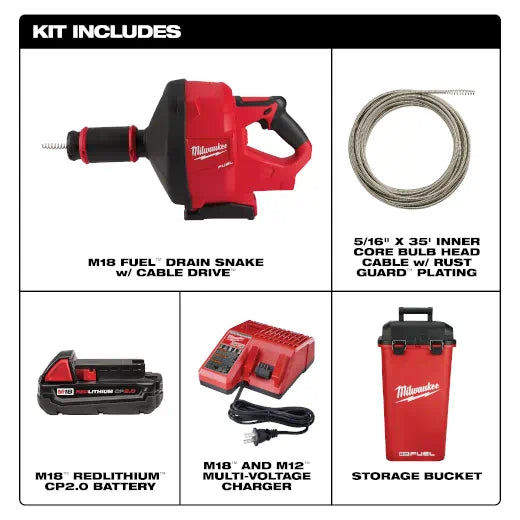 Milwaukee 2772A-21 M18 FUEL™ Drain Snake w/ CABLE DRIVE™ with 5/16” Cable - Edmondson Supply