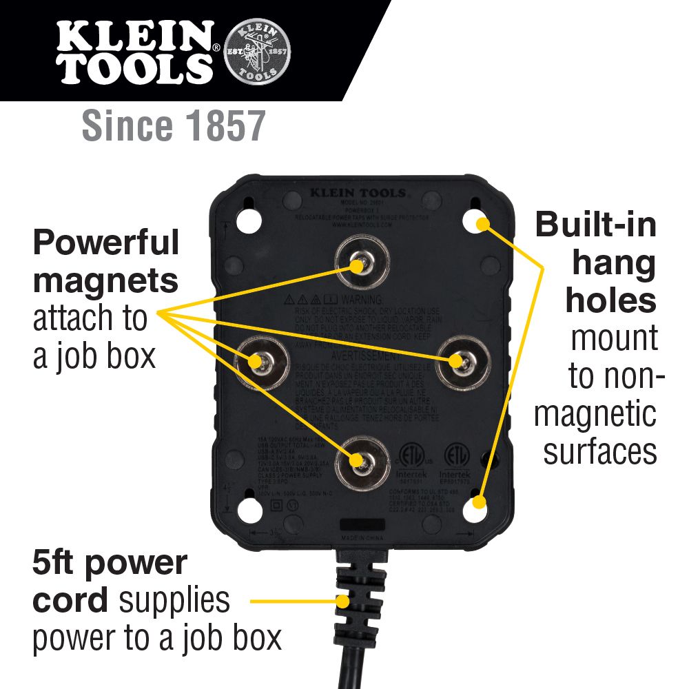 Klein Tools 29601 PowerBox 1, Magnetic Mounted Power Strip with Integrated LED Lights - Edmondson Supply