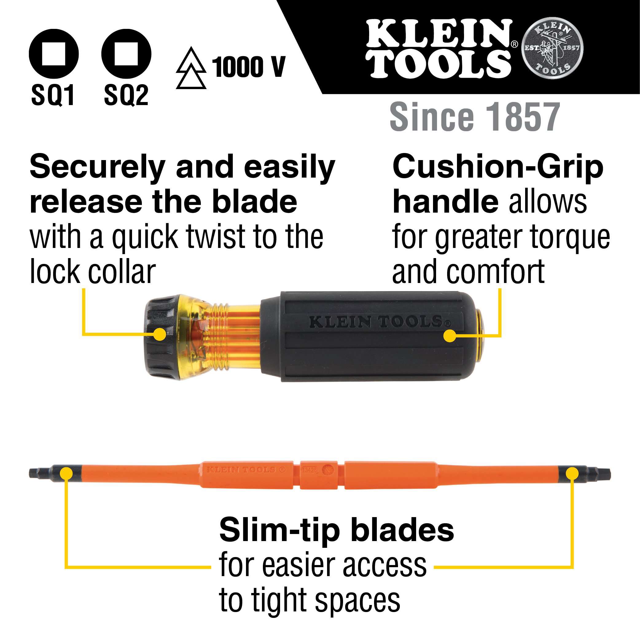 Klein Tools 32287 2-in-1 Insulated Flip-Blade Screwdriver, #1/#2 Square - Edmondson Supply