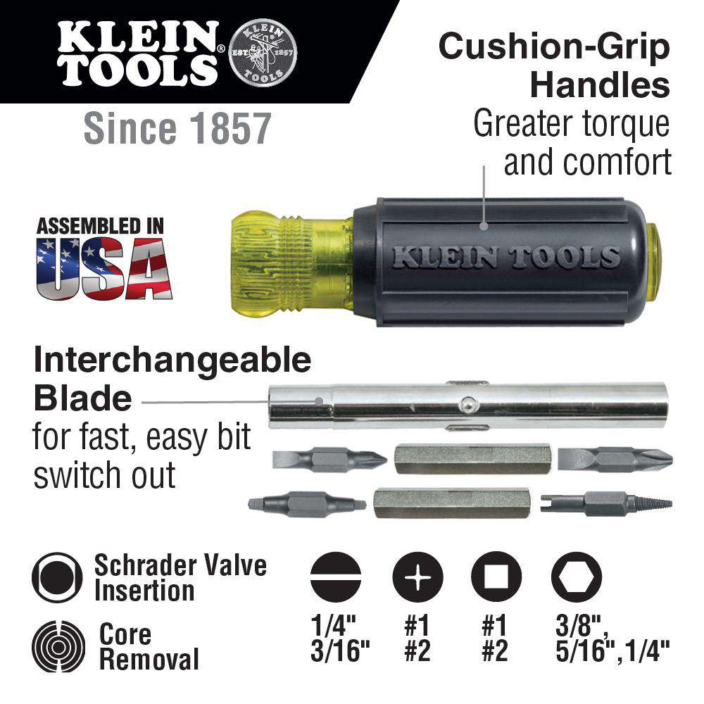 Klein Tools 32527 Multi-Bit Screwdriver / Nut Driver, 11-in-1, Ph, Sl, Sq, Schrader Bits - Edmondson Supply