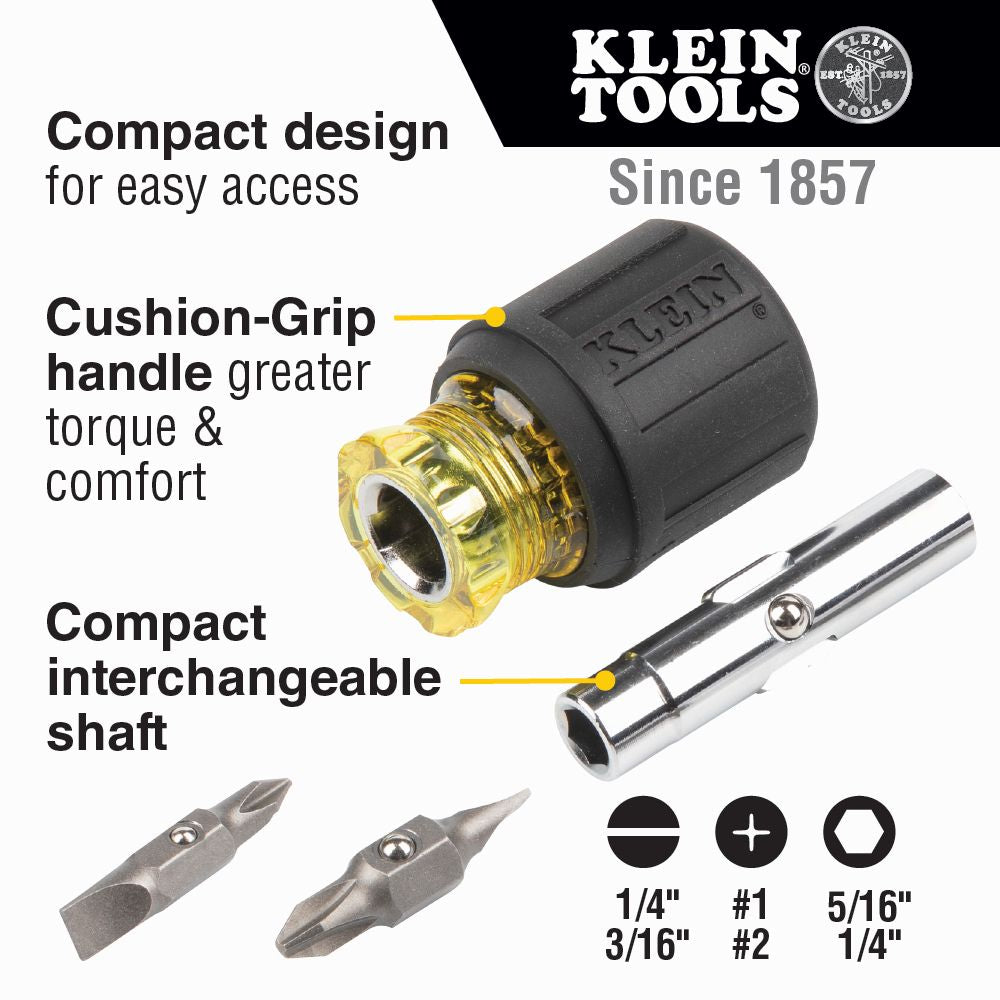 Klein Tools 32561 6-in-1 Multi-Bit Screwdriver / Nut Driver, Stubby - Edmondson Supply