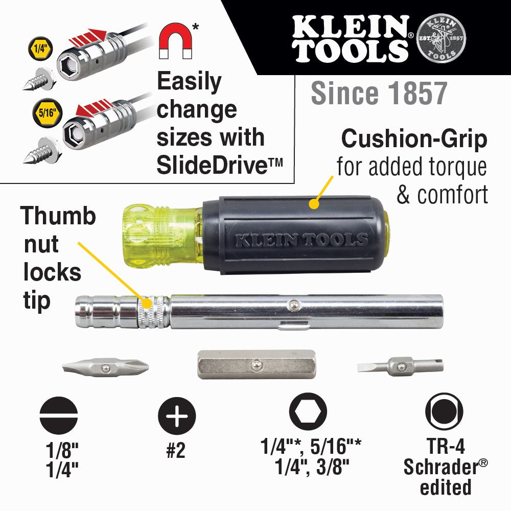 Klein Tools 32596 HVAC Slide Drive™ Multi-Bit Screwdriver / Nut Driver, 8-in-1 - Edmondson Supply