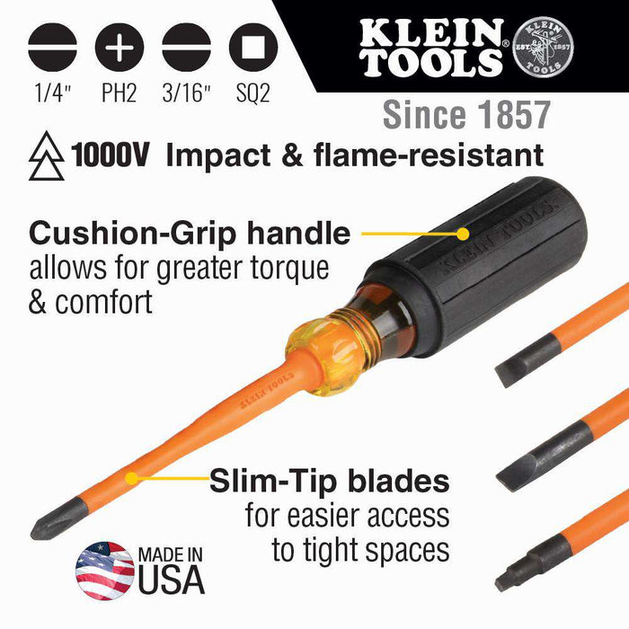Klein Tools 33734INS Slim-Tip Insulated Screwdriver Set, Phillips, Cabinet, Square, 4-Piece - Edmondson Supply