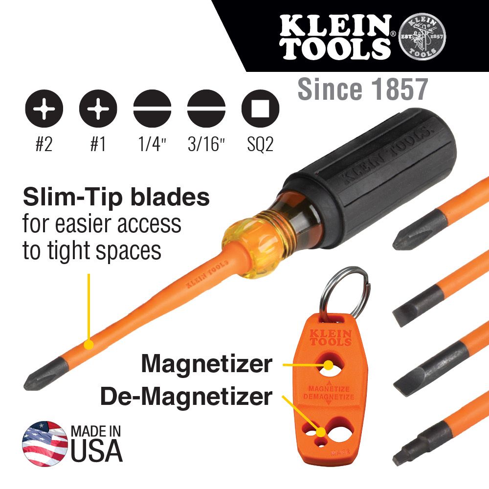 Klein Tools 33736INS Screwdriver Set, 1000V Slim-Tip Insulated and Magnetizer, 6-Piece - Edmondson Supply