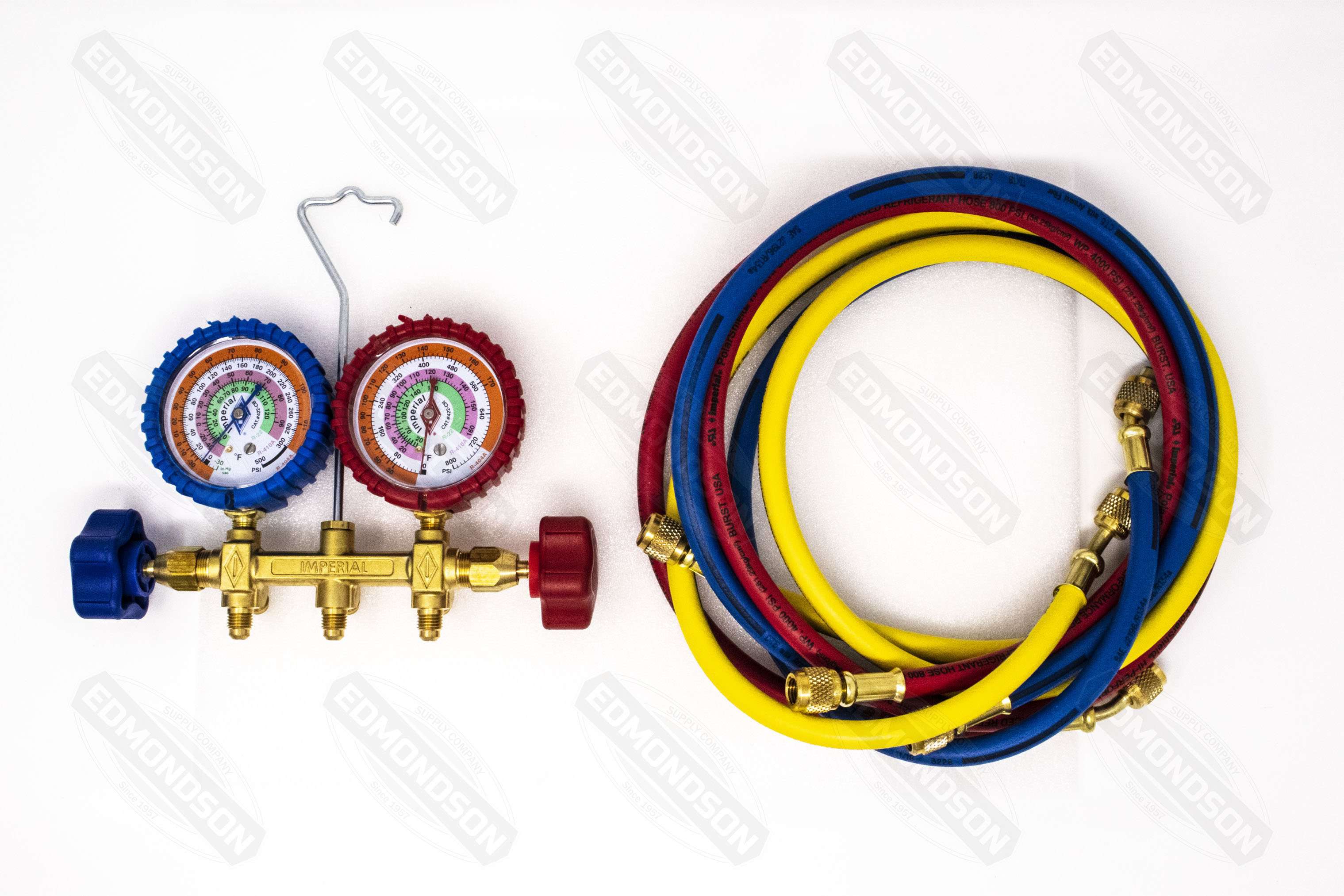 Imperial 421-C 400 Series Deluxe 2-Valve Brass Manifold w/ Hoses R-410A, R-22, R-404A - Edmondson Supply
