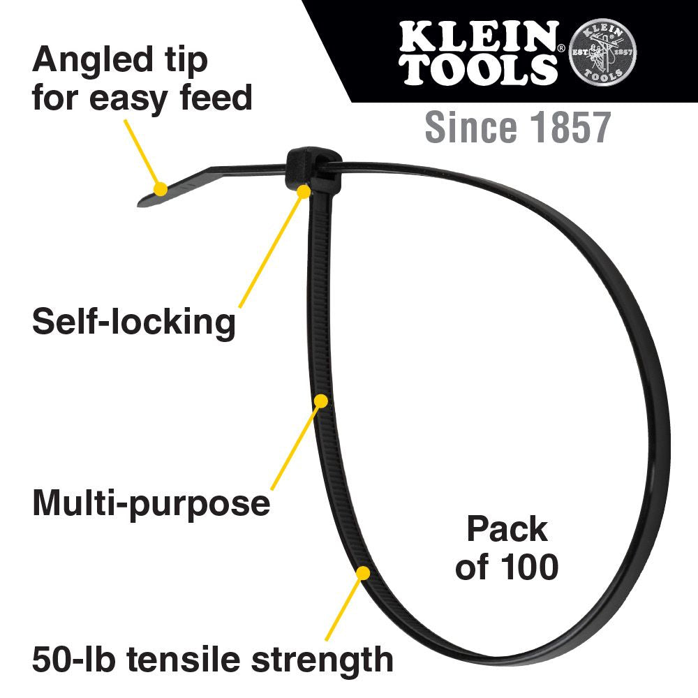 Klein Tools 450-210 Cable Ties, Zip Ties, 50-Pound Tensile Strength, 11.5-Inch, Black - Edmondson Supply