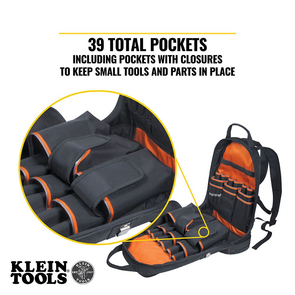 Klein Tools 55421BP-14 Tradesman Pro™ Tool Bag Backpack, 39 Pockets, Black, 14-Inch - Edmondson Supply