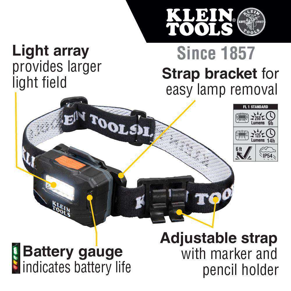 Klein Tools 56049 Rechargeable Light Array Headlamp w/ Strap, 260 Lumen, All-Day Runtime - Edmondson Supply