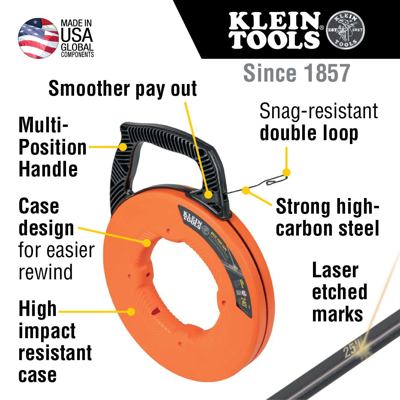 Klein Tools 56334 Steel Fish Tape, 1/8-Inch x 240-Foot - Edmondson Supply
