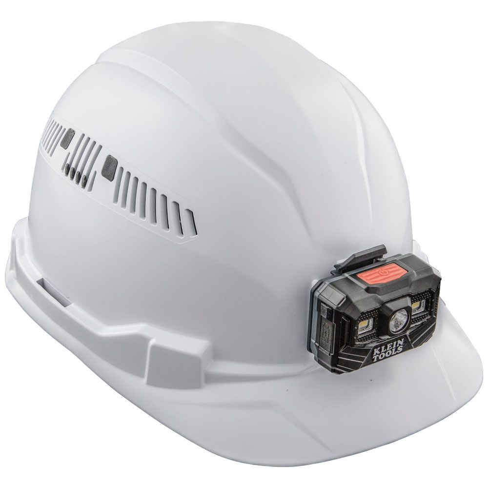 Klein Tools 60113RL Hard Hat, Vented, Cap Style with Rechargeable Headlamp, White - Edmondson Supply