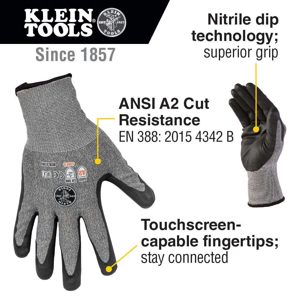 Klein Tools 60197 Work Gloves, Cut Level 2, Touchscreen, X-Large, 2-Pair - Edmondson Supply