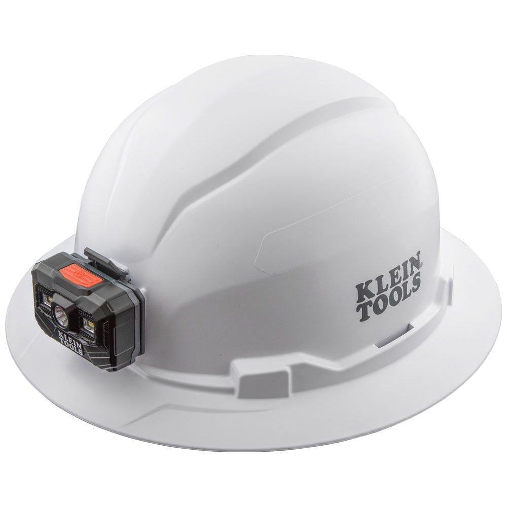 Klein Tools 60406RL Hard Hat, Non-Vented, Full Brim with Rechargeable Headlamp, White - Edmondson Supply