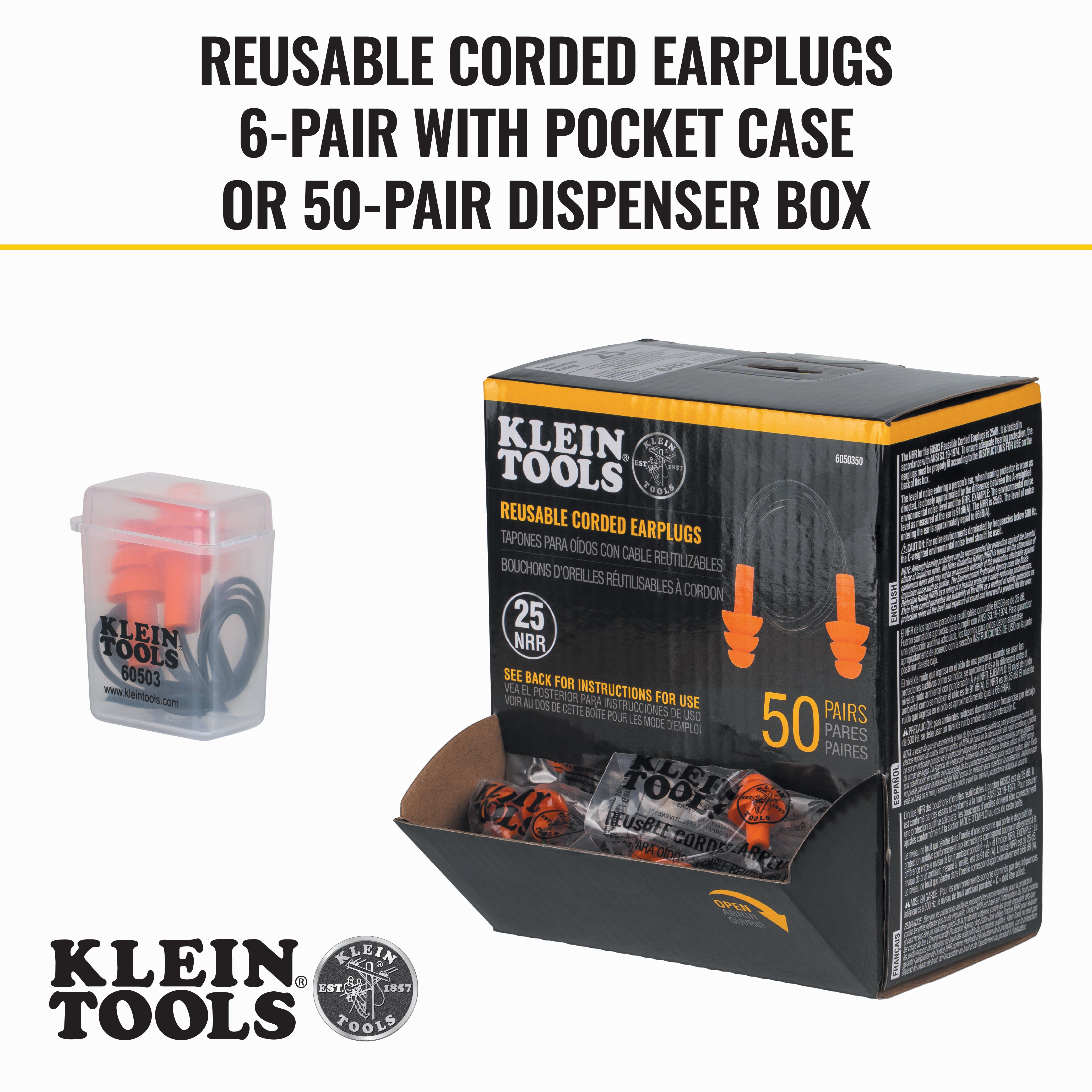 Klein Tools 6050350 Corded Earplugs, 50-Pair Dispenser Pack - Edmondson Supply