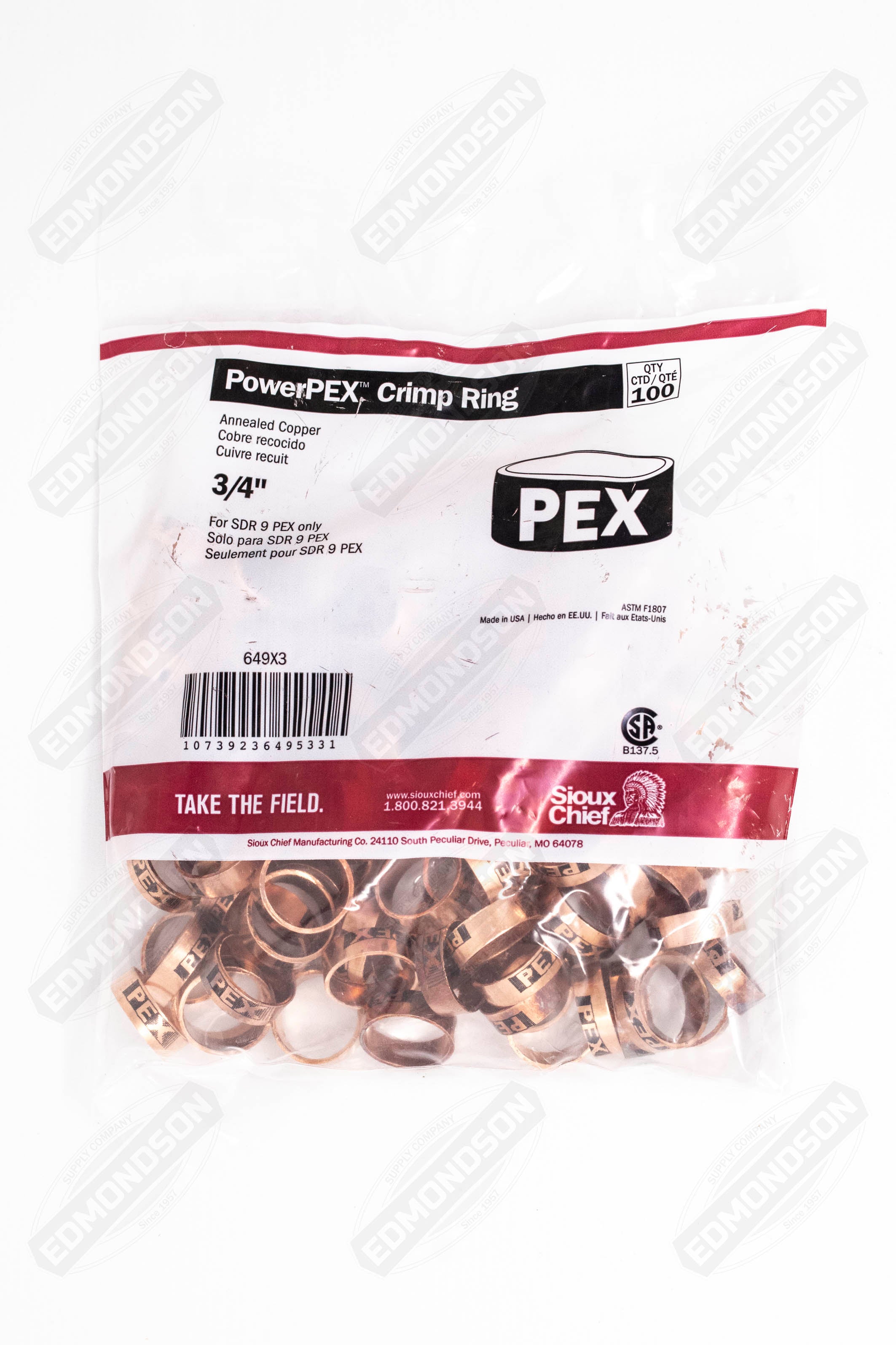 Sioux Chief 649X3 PowerPEX® 3/4" PEX Copper Crimp Ring (Bag of 100) - Edmondson Supply