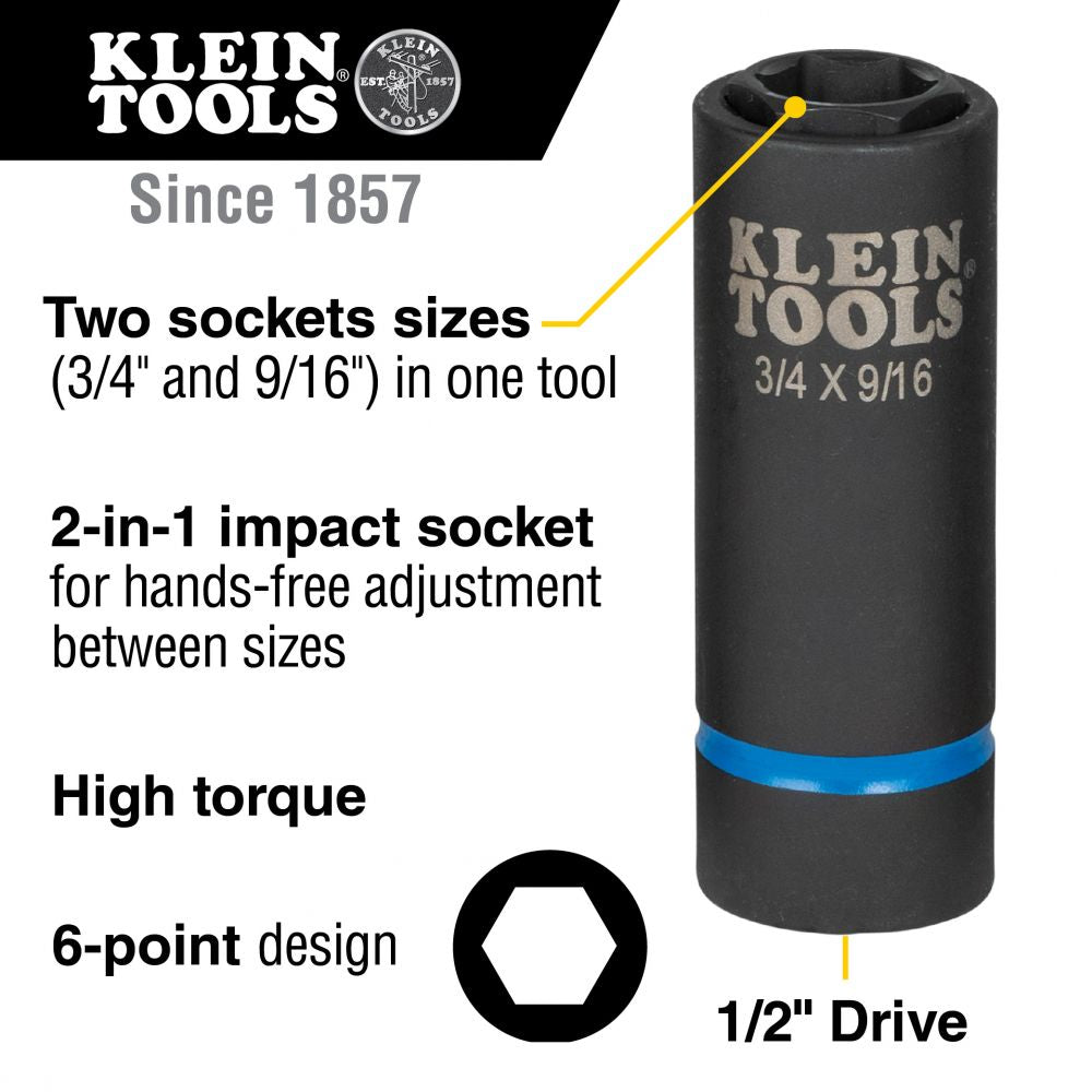 Klein Tools 66004 2-in-1 Impact Socket, 6-Point, 3/4 and 9/16-Inch - Edmondson Supply