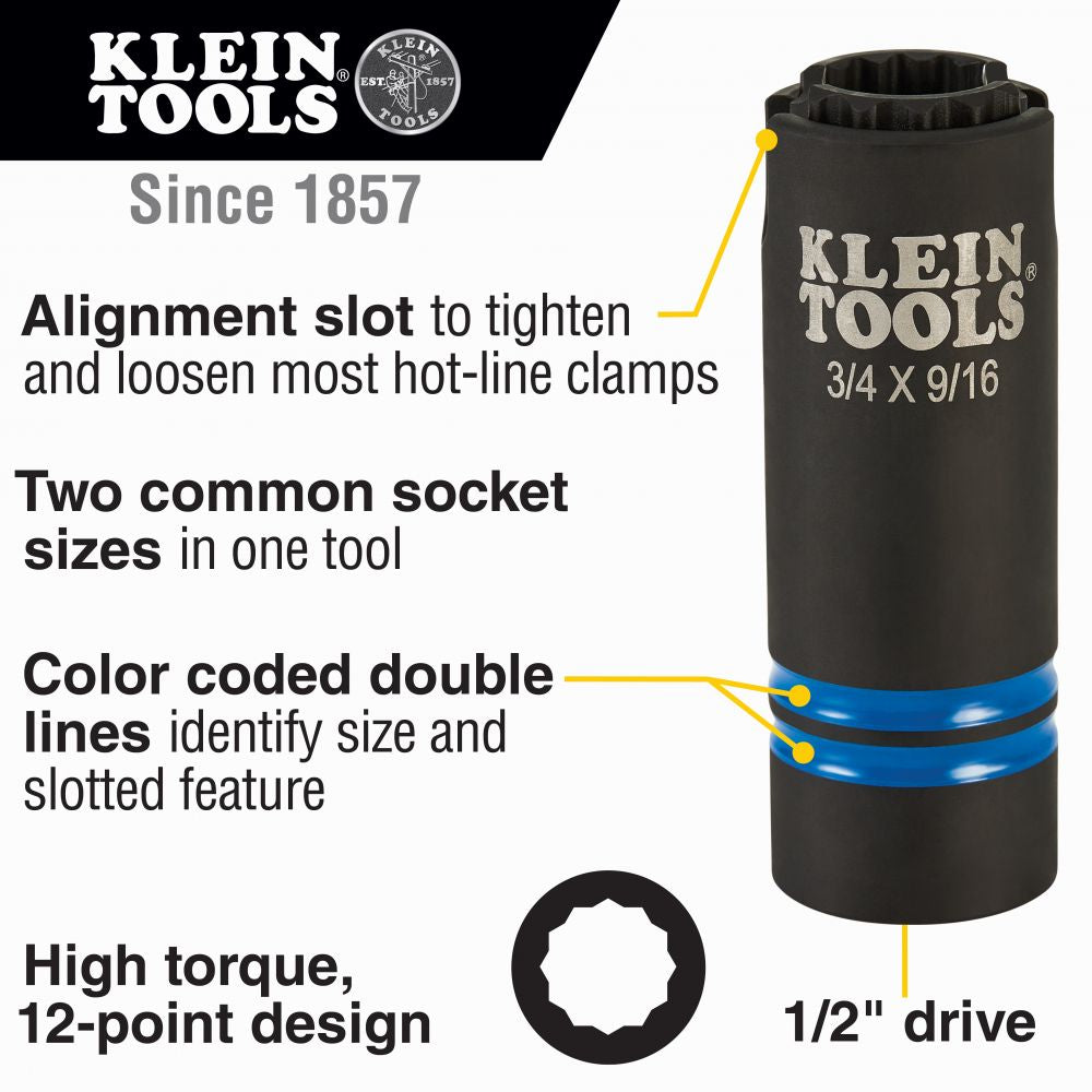 Klein Tools 66031 3-in-1 Slotted Impact Socket, 12-Point, 3/4 and 9/16-Inch - Edmondson Supply