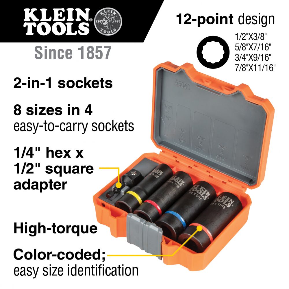 Klein Tools 66040 2-in-1 Impact Socket Set, 12-Point, 5-Piece - Edmondson Supply