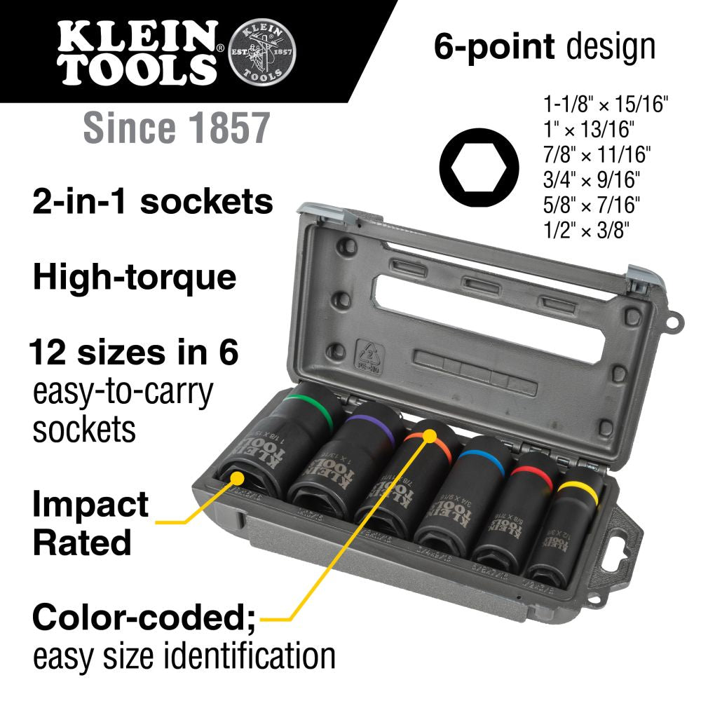 Klein Tools 66060 2-in-1 Impact Socket Set, 6-Point, 6-Piece - Edmondson Supply