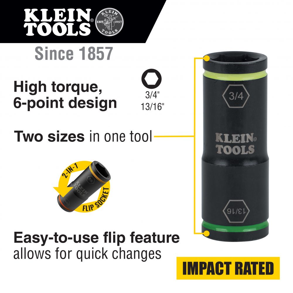 Klein Tools 66074 Flip Impact Socket, 3/4 and 13/16-Inch - Edmondson Supply