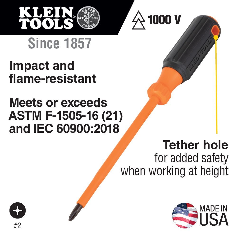 Klein Tools 6834INS Insulated Screwdriver, #2 Phillips Tip, 4-Inch Round Shank - Edmondson Supply