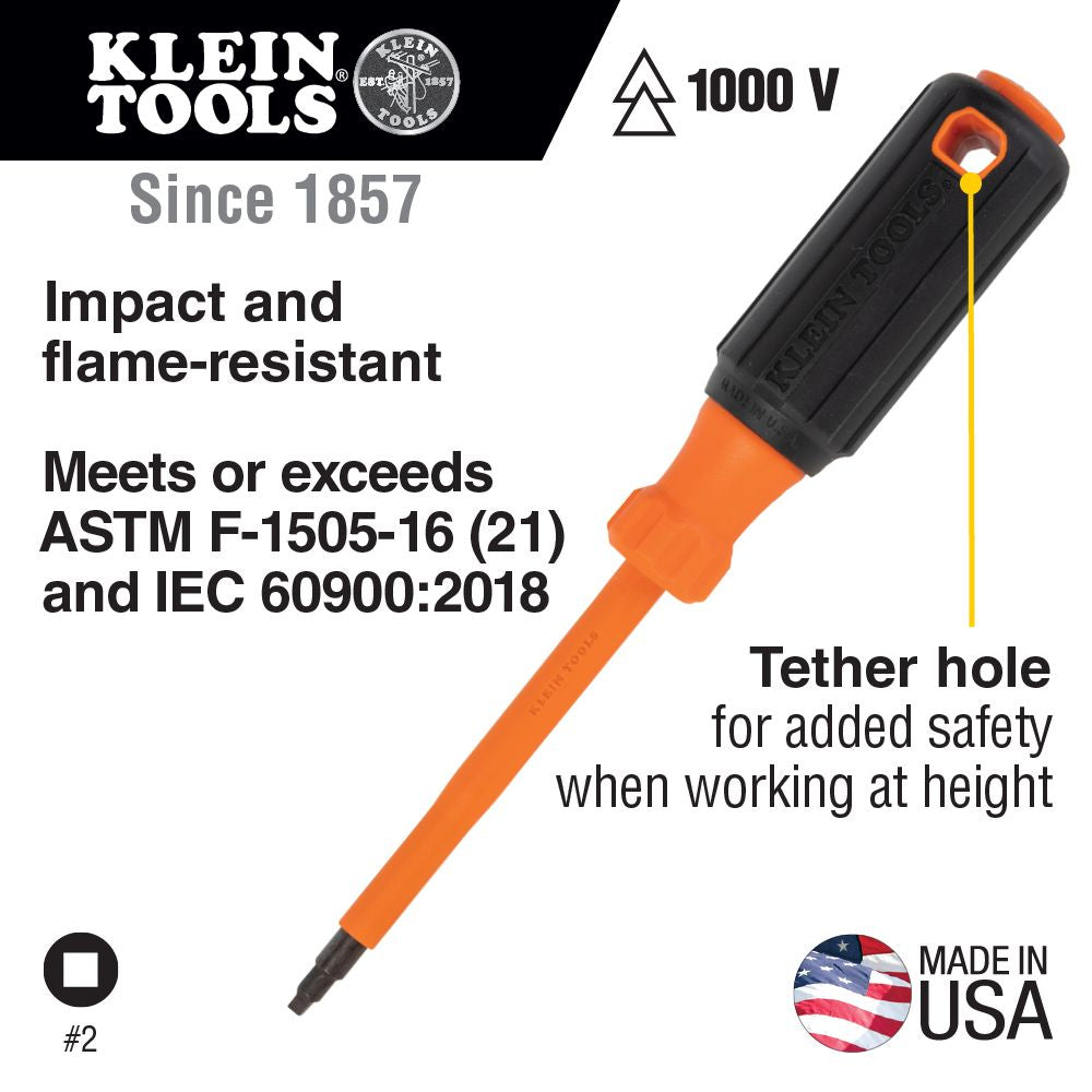 Klein Tools 6844INS Insulated Screwdriver, #2 Square Tip, 4-Inch Round Shank - Edmondson Supply