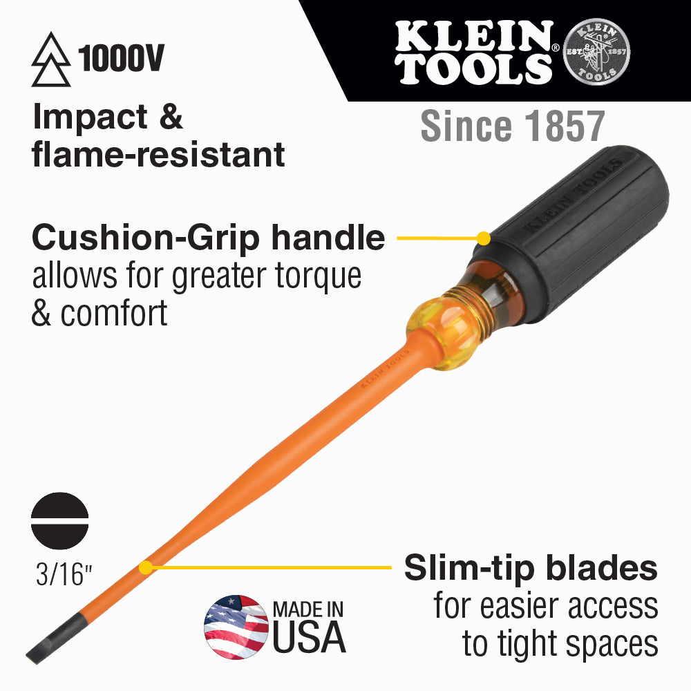 Klein Tools 6916INS Slim-Tip Insulated Screwdriver, 3/16-Inch Cabinet, 6-Inch Round Shank - Edmondson Supply