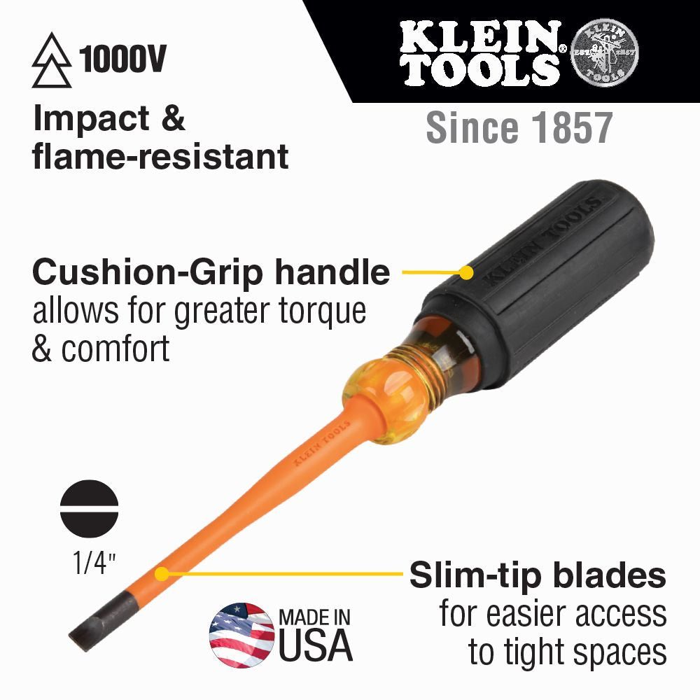Klein Tools 6926INS Slim-Tip 1000V Insulated Screwdriver, 1/4-Inch Cabinet, 6-Inch - Edmondson Supply