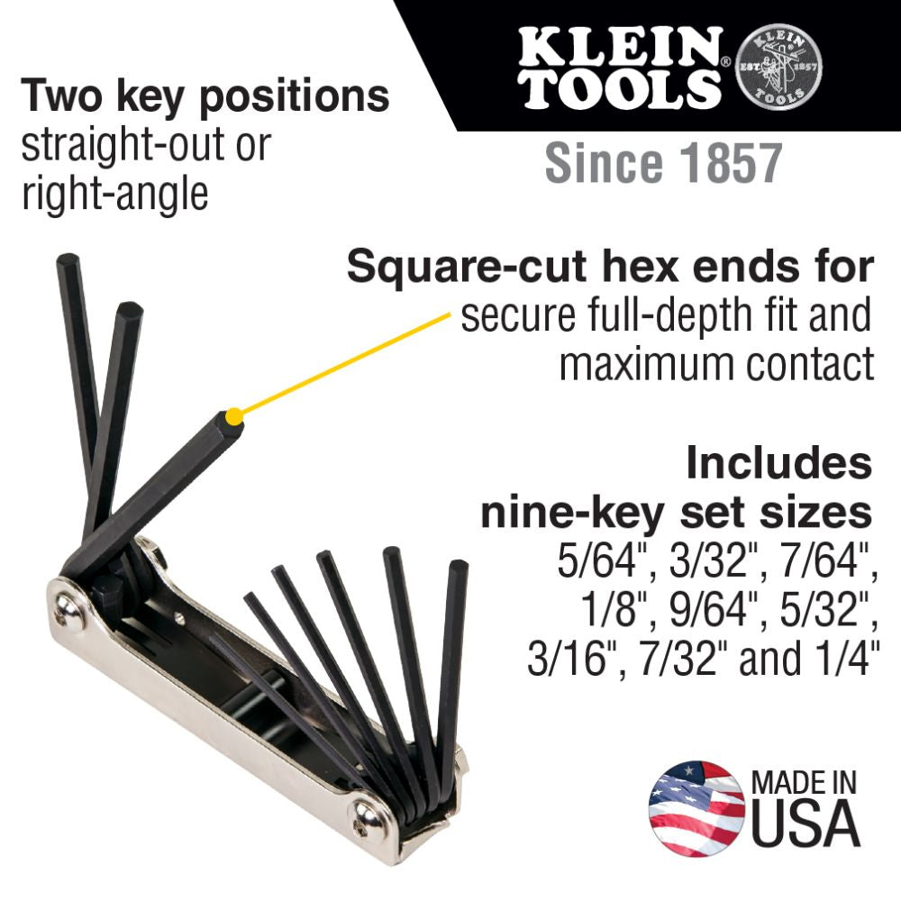 Klein Tools 70591 Folding Hex Key Set, Nine-Key, Inch Sizes - Edmondson Supply