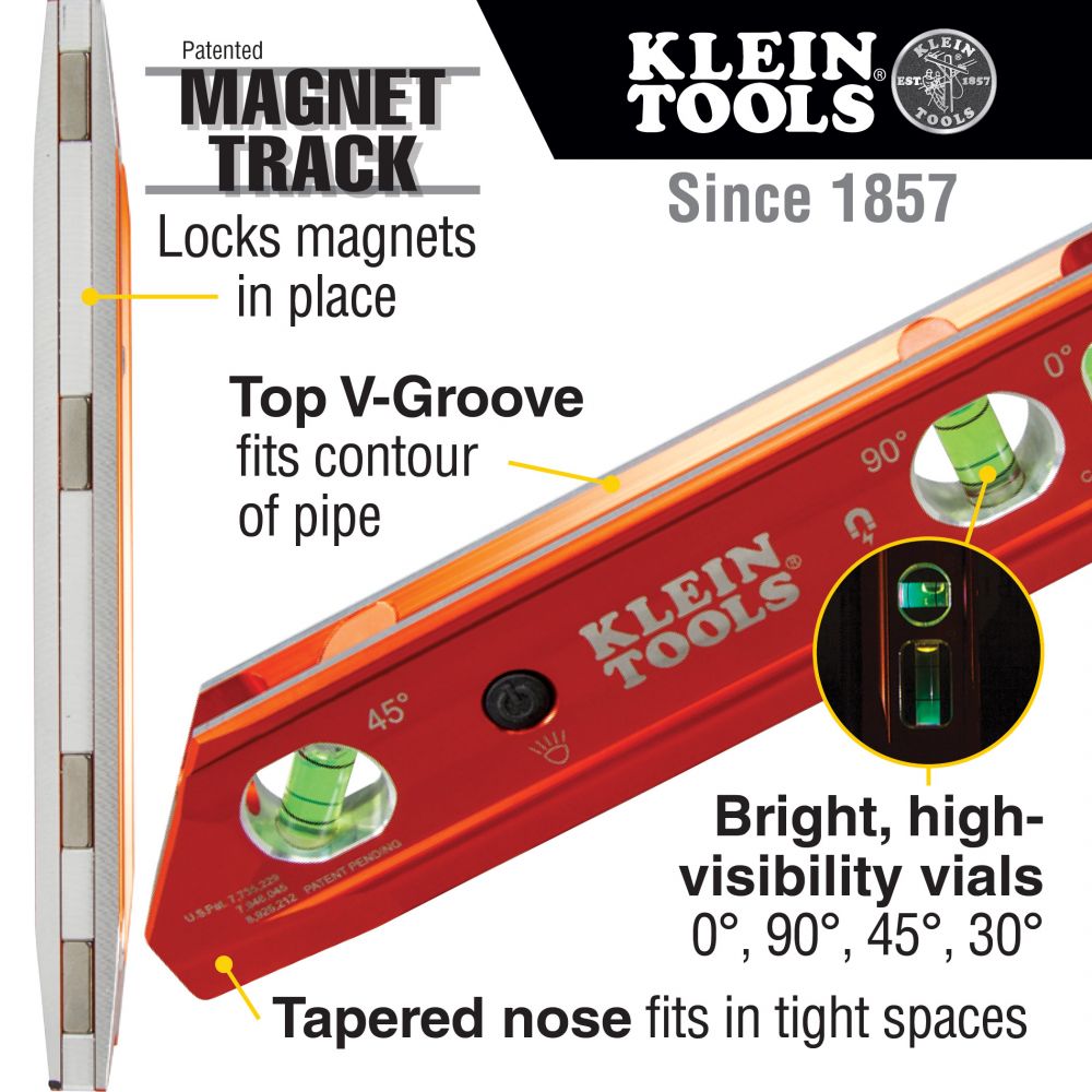 Klein Tools 935R Aluminum Torpedo Level Rare Earth Magnet, 9-Inch - Edmondson Supply