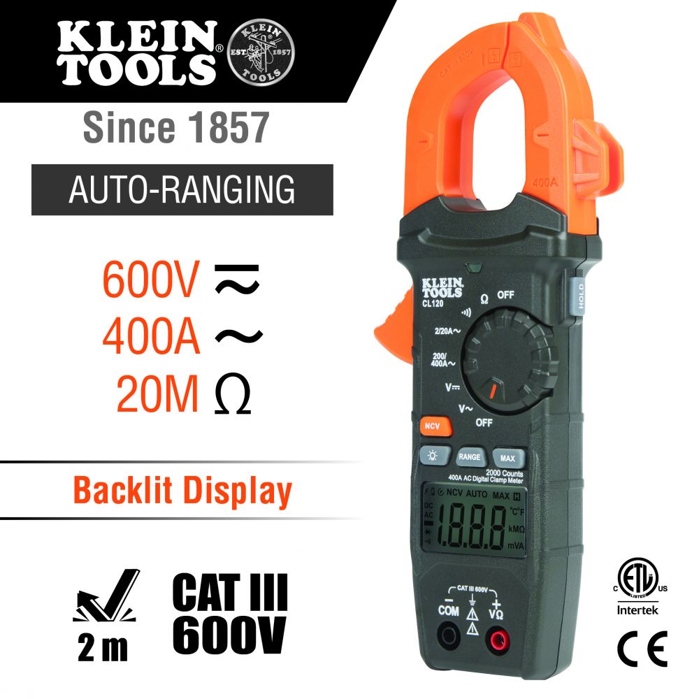 Klein Tools CL120 Digital Clamp Meter, AC Auto-Ranging 400 Amp - Edmondson Supply