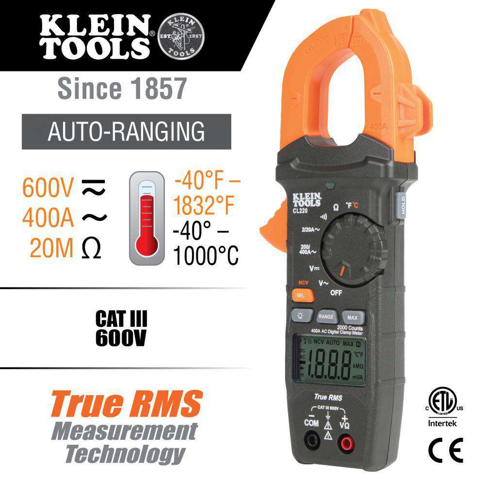 Klein Tools CL220 Digital Clamp Meter, AC Auto-Ranging 400 Amp with Temp - Edmondson Supply