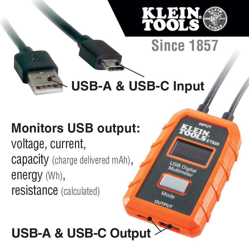 Klein Tools ET920 USB Digital Meter, USB-A and USB-C - Edmondson Supply