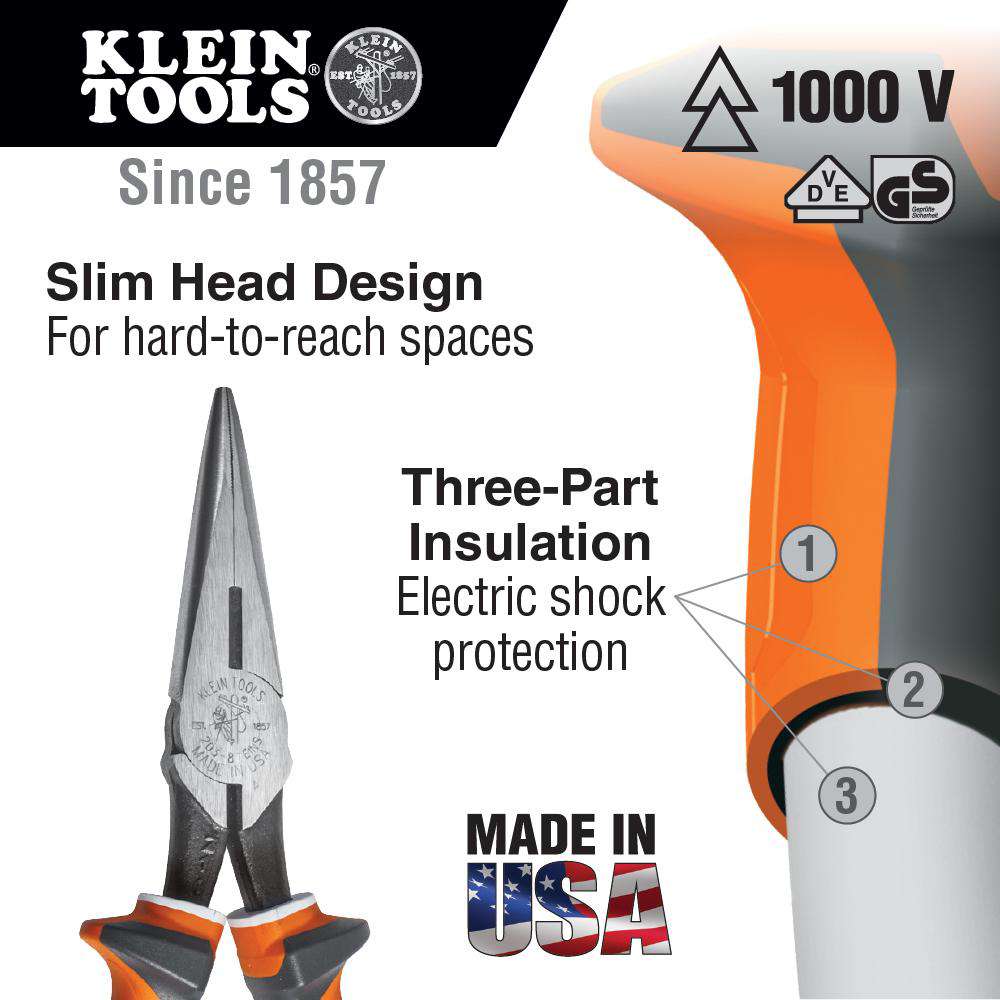 Klein Tools 203-8-EINS Long Nose Side Cutter Pliers, 8-In Slim Insulated - Edmondson Supply