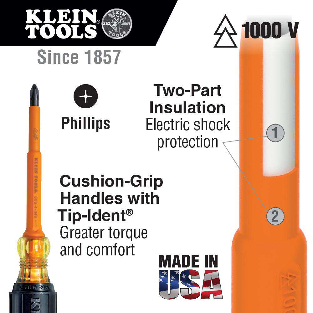 Klein Tools 603-7-INS Insulated #2 Phillips Screwdriver, 7-Inch - Edmondson Supply
