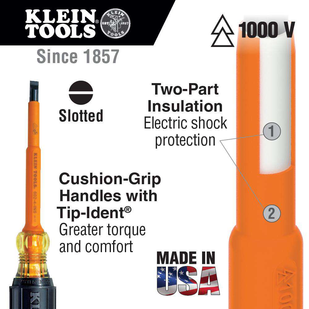 Klein Tools 605-7-INS Insulated 1/4-Inch Cabinet Tip Screwdriver, 7-Inch - Edmondson Supply