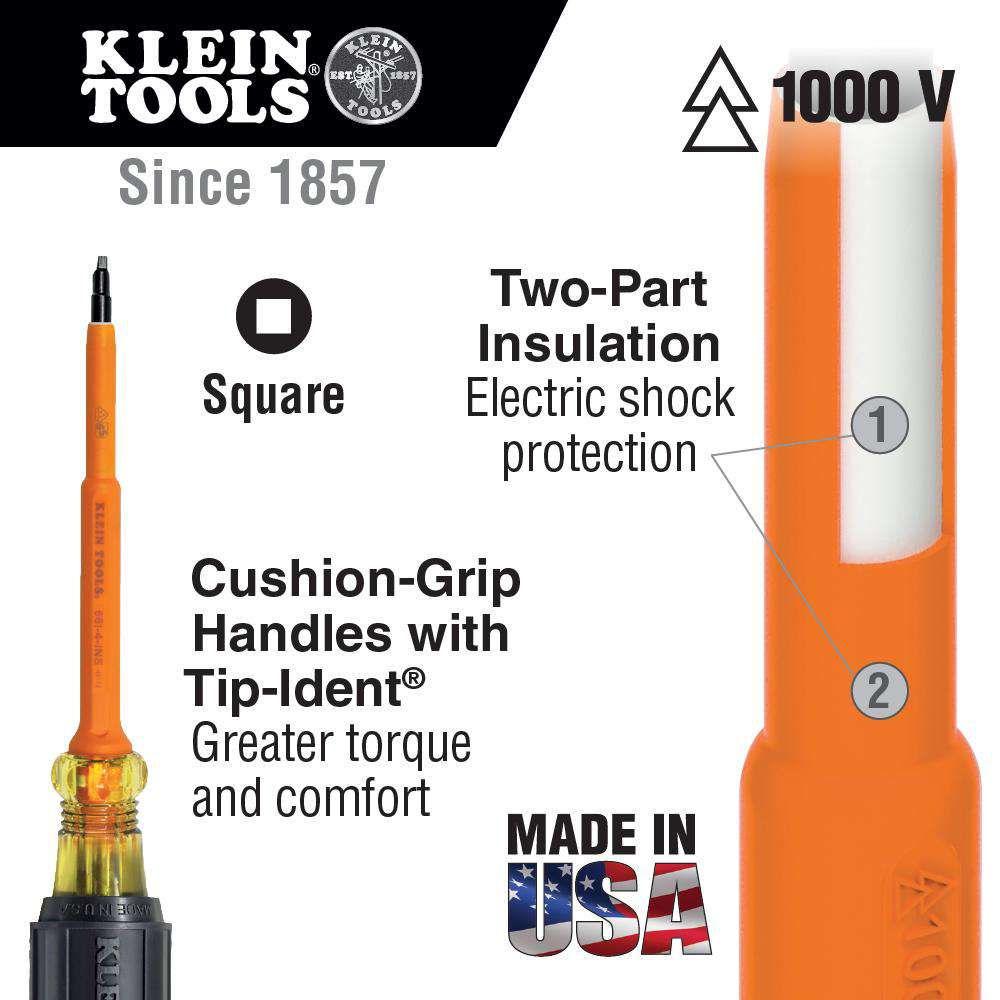 Klein Tools 661-4-INS Insulated Screwdriver, #1 Square Tip, 4-Inch Shank - Edmondson Supply