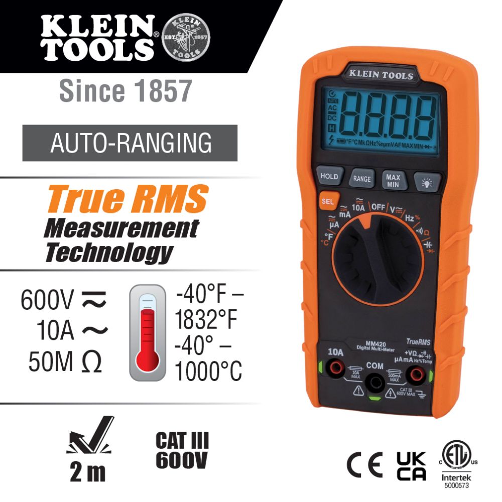 Klein Tools MM420 Digital Multimeter, TRMS Auto-Ranging, 600V, Temp - Edmondson Supply