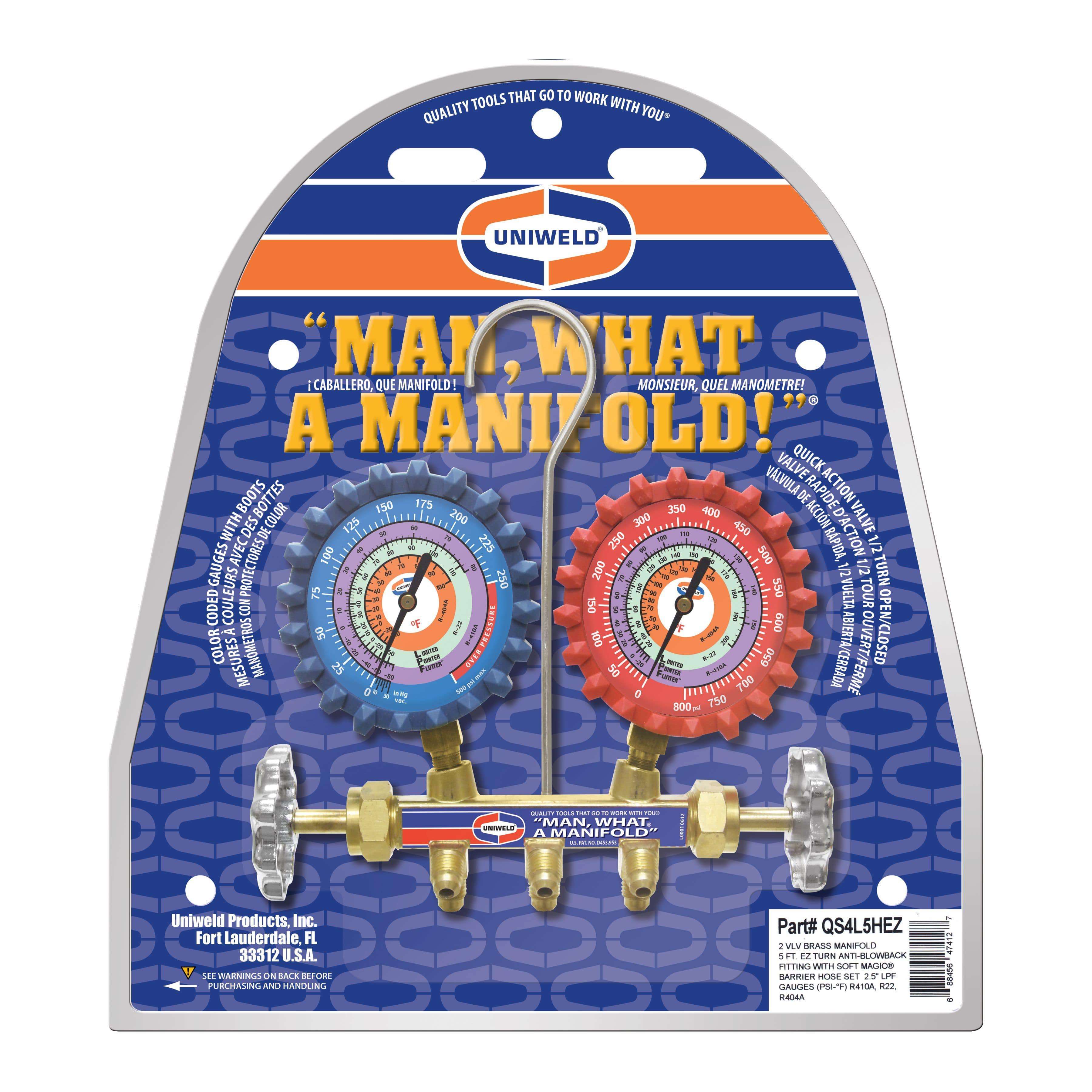 Uniweld QS4L5HEZ 2-Valve Brass Manifold w/ 5ft Soft Magic® EZ-Turn Anti-Blowback Hose Set - R-410A/R-22/R-404A - Edmondson Supply
