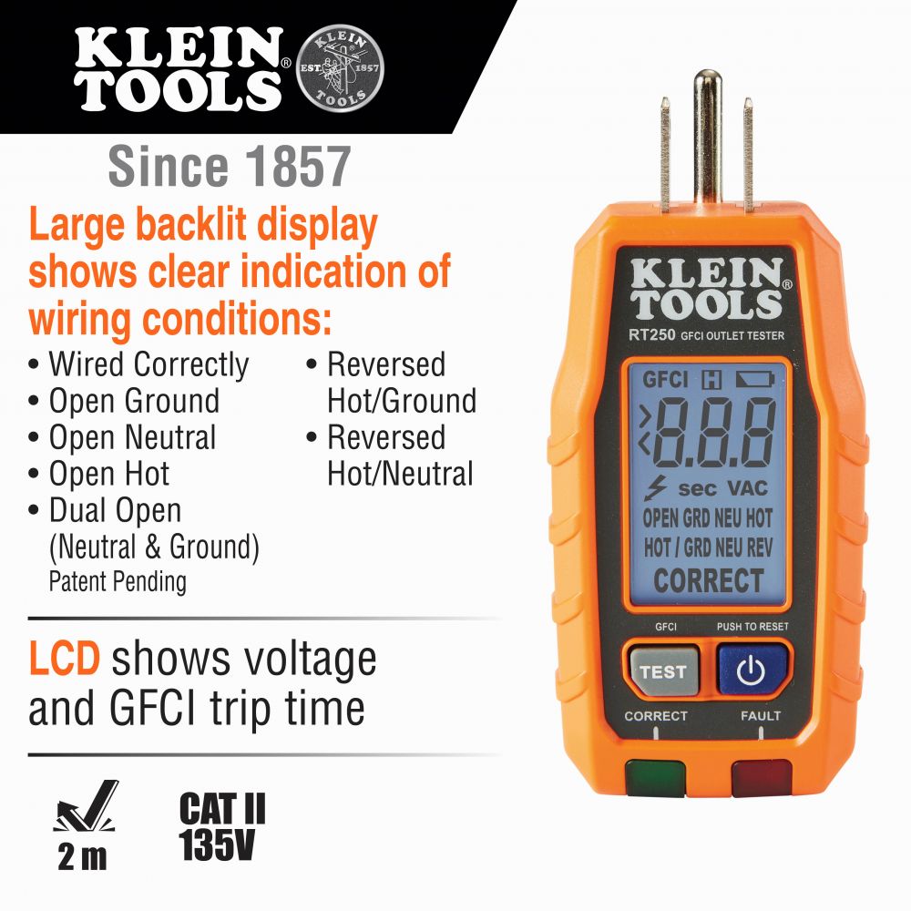 Klein Tools RT250 GFCI Receptacle Tester with LCD - Edmondson Supply