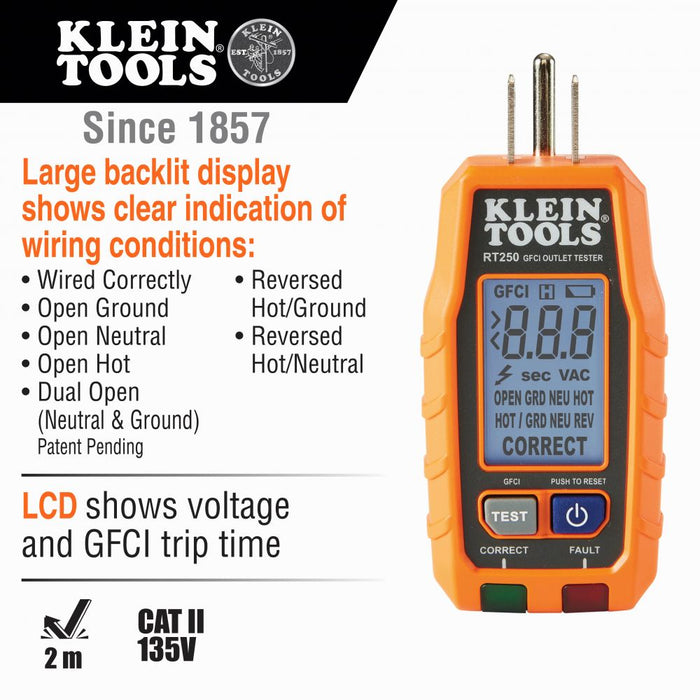Klein Tools RT250 GFCI Receptacle Tester with LCD - Edmondson Supply