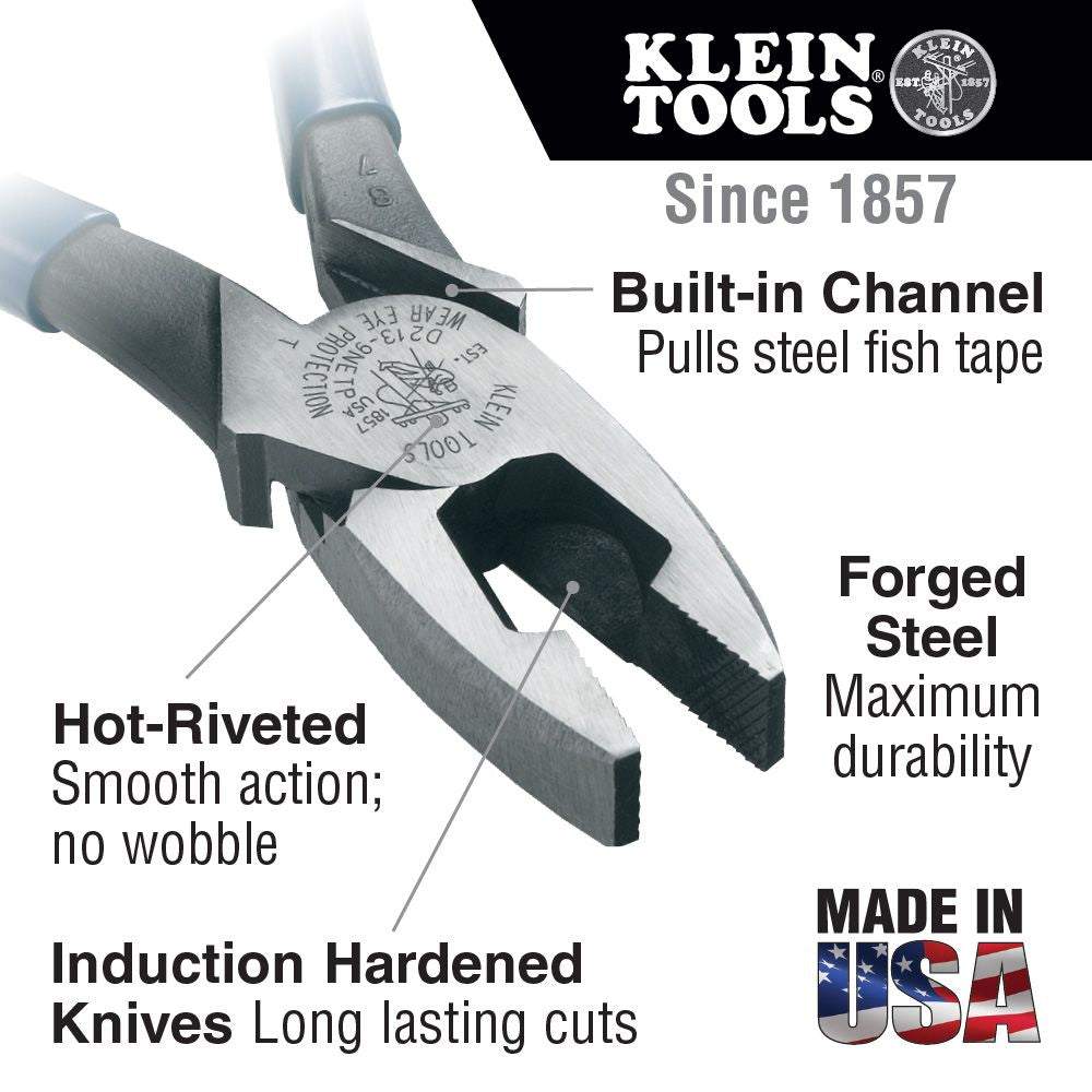 Klein Tools J2000-9NETP Lineman's Pliers, Fish Tape Pulling, 9-Inch - Edmondson Supply